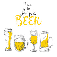 Background with beer. Caption: time to drink beer. Place on your text. Vector illustration of a sketch style.