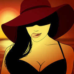 Sexy woman on the sea. Girl in hat on sunset background