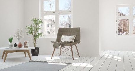 White room with armchair and winter landscape in window. Scandinavian interior design. 3D illustration