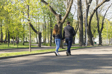 Obraz premium Walk along the alley in the city park in summer