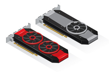 Isometric flat vector two Video Graphics Cards. For cryptocurrency mining. Vector illustration