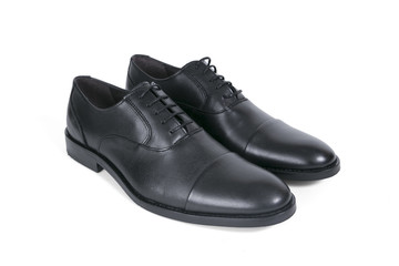 Male Black Shoe on White Background, Isolated Product, Top View, Studio.