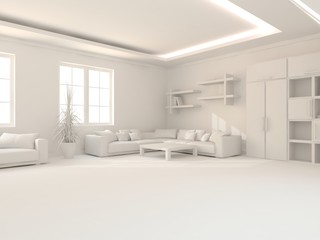 White room with sofa. Scandinavian interior design. 3D illustration