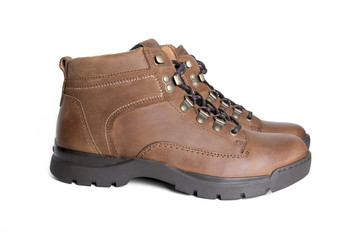 Male Brown Boot on White Background, Isolated Product, Top View, Studio.