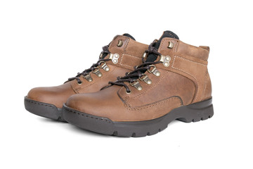 Male Brown Boot on White Background, Isolated Product, Top View, Studio.