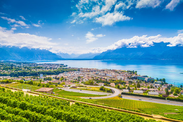 City of Vevey at Lake Geneva with vineyards in summer, Switzerland