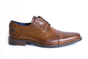 Male Brown Shoe on White Background, Isolated Product, Top View, Studio.