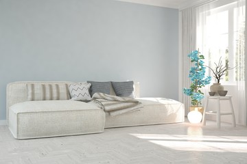 White room with sofa and green landscape in window. Scandinavian interior design. 3D illustration