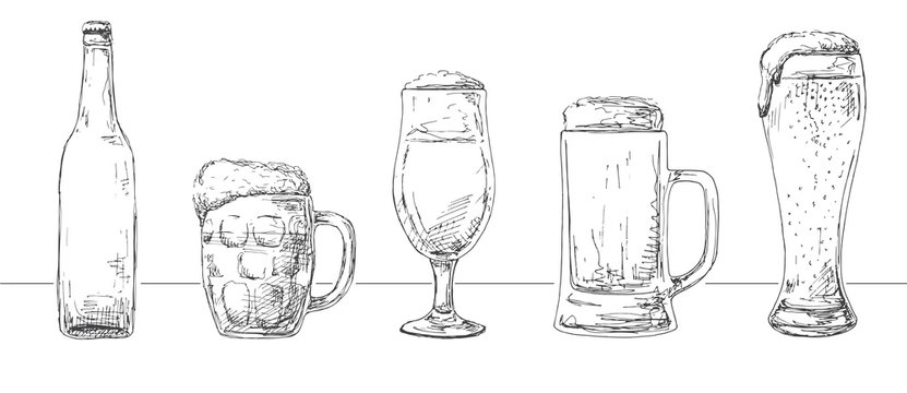 Set of different glasses with beer, different mugs of beer and a bottle. Vector illustration of a sketch style.