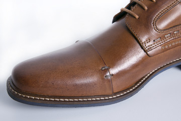 Male Brown Shoe on White Background, Isolated Product, Top View, Studio.