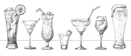 Set of different glasses, different cocktails. Vector illustration of a sketch style. - 160969938