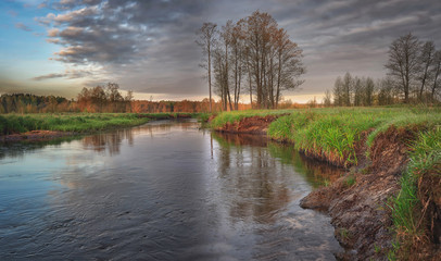 A beautiful river landscape on wild summer day with trees and green grass on horizon