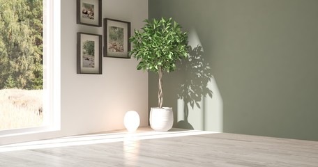 White empty room with green landscape in window. Scandinavian interior design. 3D illustration