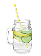 Tasty refreshing lemonade with cucumber in mason jar on white background