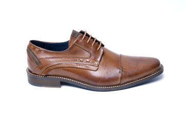 Male Brown Shoe on White Background, Isolated Product, Top View, Studio.