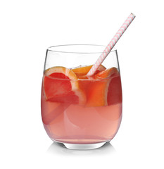 Tasty refreshing lemonade with grapefruit in glass on white background