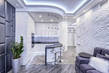 Modern design white glossy kitchen interior design of the apartment.