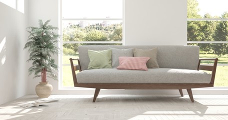 White room with sofa and green landscape in window. Scandinavian interior design. 3D illustration