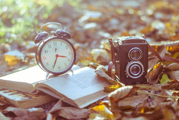 The old clock, books and old analog camera in  on the leaves. Photography was done in retro style...