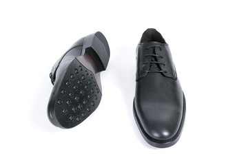 Male Black Shoe on White Background, Isolated Product, Top View, Studio.