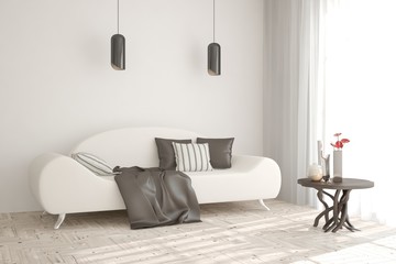 White modern room with sofa. Scandinavian interior design. 3D illustration