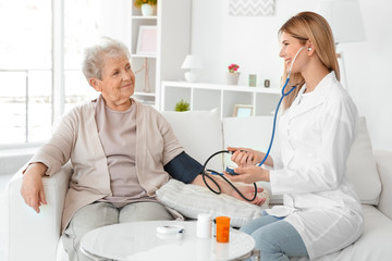 Young nurse measuring blood pressure of elderly woman at home