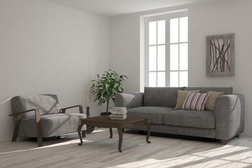 White modern room with sofa. Scandinavian interior design. 3D illustration