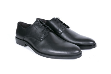 Male Black Shoe on White Background, Isolated Product, Top View, Studio.