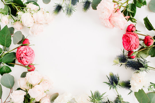 Round frame wreath made of red and beige rose flowers, eringium flower, eucalyptus branches and leaves on white background. Flat lay, top view. Floral background