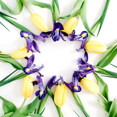 Round frame wreath made of yellow tulips and purple iris flowers on white background. Flat lay, top view. Mock up.