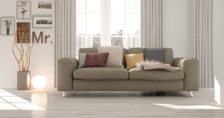 White modern room with sofa. Scandinavian interior design. 3D illustration