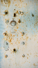 abstract background with holes and screws, and the texture of the rust blue with orange-brown spots. Vertical background.