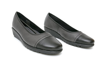 Female Black Shoe on White Background, Isolated Product, Top View, Studio.