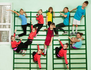 Sporty kids having fun on wall mounted gym ladder