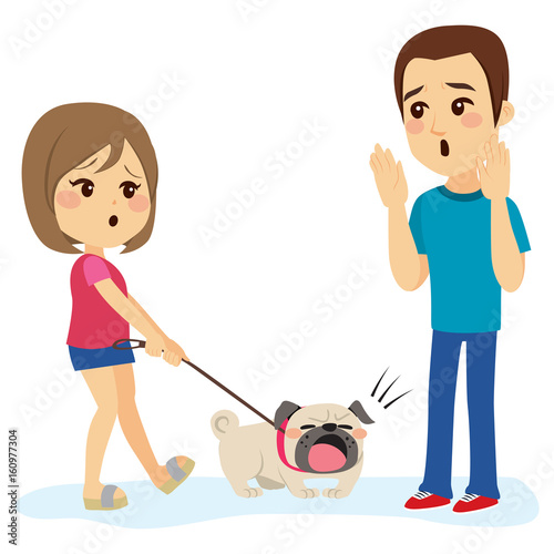 "Little bulldog dog pet barking man while walking with his girl owner