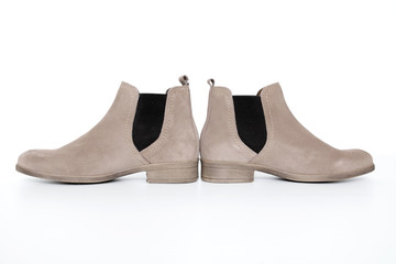 Female Brown Boot on White Background, Isolated Product, Top View, Studio.