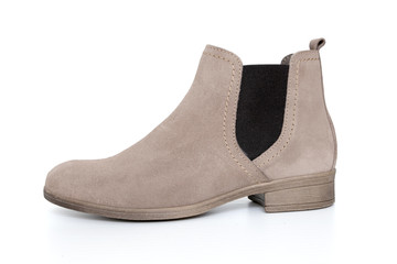 Female Brown Boot on White Background, Isolated Product, Top View, Studio.