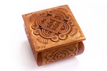 carved box made of wood, brown with ornament