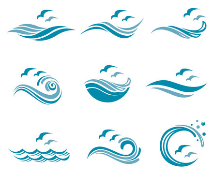 collection of ocean logo with waves and seagulls