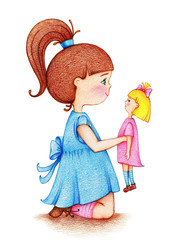 hands drawn picture of little girl in blue dress playing with doll by the color pencils on white background