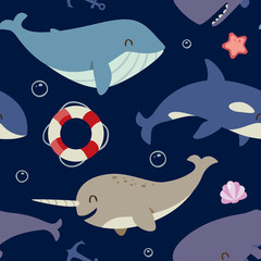 Obraz premium vector blue whale, sperm whale, narwhal and killer whale set