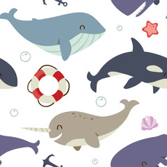 vector blue whale, sperm whale, narwhal and killer whale set