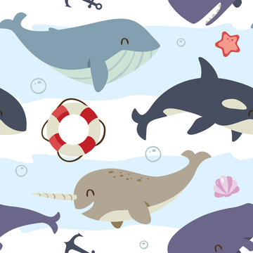 vector blue whale, sperm whale, narwhal and killer whale set