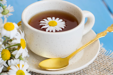cup of herbal chamomile tea with camomile dry blossoms, dried camomile flowers. doctor treatment and prevention of immune concept, medicine - folk, alternative, complementary, traditional medicine