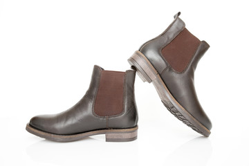 Female Brown Boot on White Background, Isolated Product, Top View, Studio.