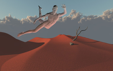 Leaping figure in desert scene