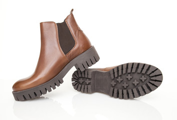 Female Brown Boot on White Background, Isolated Product, Top View, Studio.