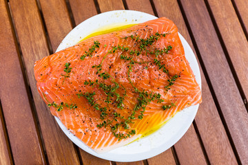 Marinated raw salmon steak