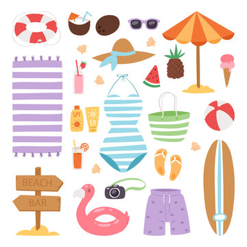 Summer fashion beach sea time swimsuit clothes and accessories vector illustration vacation bathing suit looks image design