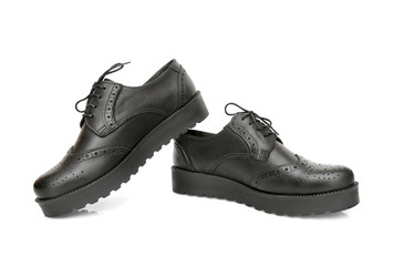 Female Black Shoe on White Background, Isolated Product, Top View, Studio.